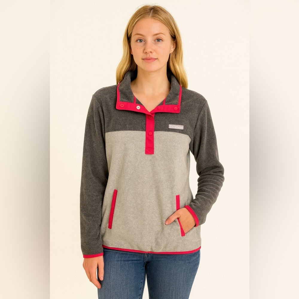 Columbia 1/4 Snap Fleece Pullover Jacket Womens Size M Gray Pink Trim Sweatshirt